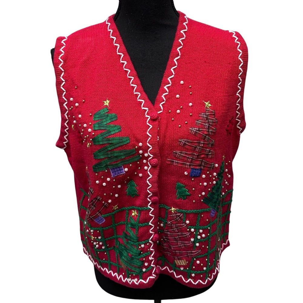Designer Original Studios Large Vintage‎ Christmas Tree Embroidered Red Vest
